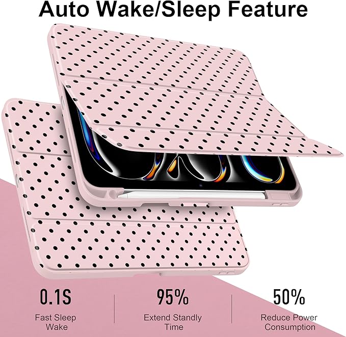 Case for iPad Pro 13 Inch (M5 2025 M4 2024) – [Built-in Pencil Holder], Shockproof & Stylish, Clear Hard Back + Soft TPU Edge, Magnetic Trifold Stand, Auto Wake/Sleep, Pink Polka dot