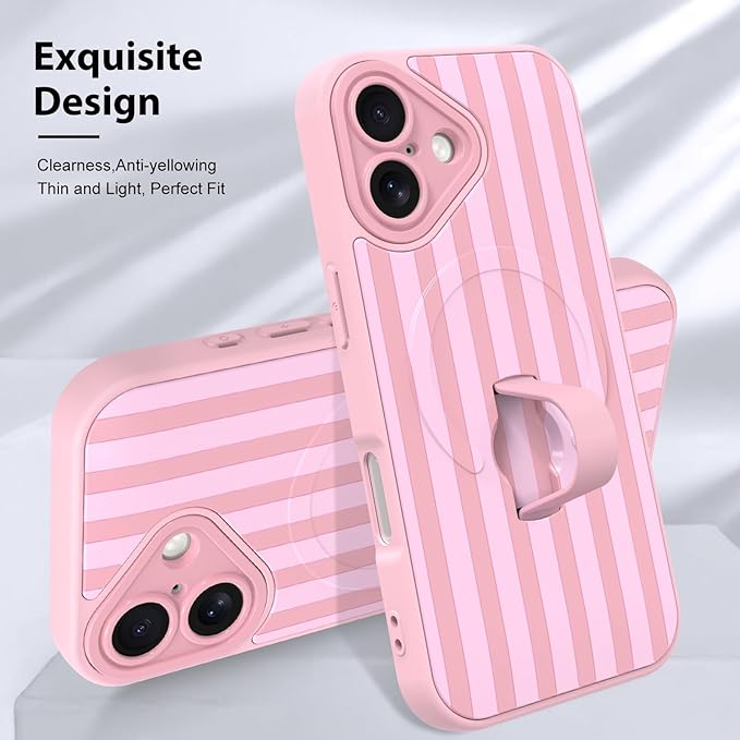 KANGHAR Compatible with iPhone 16 Case, Support for MagSafe, Silicone Stripes Cute Pattern, Wristband Kickstand Camera Protection Soft Slim Cover for Girls Women -Pink