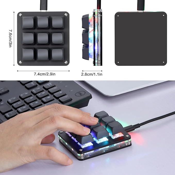 Koolertron Macro Programmable Keypad, One Handed Programmable Mechanical Keyboard, RGB Blue Switch Hot Swappable, 9 Keys Backlit Keypad for Working and Gaming, Black