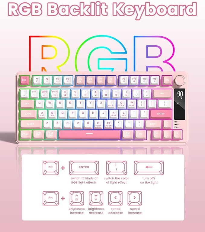 Womier DK75 75% Wireless Gaming Keyboard, RGB Backlit Creamy Keyboard with Multifunction Knob & Screen, Tri-Mode 2.4GHz/USB-C/BT5.0, Anti-Ghosting No-Conflict Silent Membrane Keyboard for MAC Windows