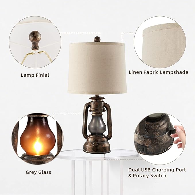 Farmhouse Lantern Table Lamps for Living Room Set of 2, Vintage Bedroom Resin Lamp with Dual USB Charging Ports, Rustic Retro Bedside Nightstand Desk Lamp, 4 Bulb Included