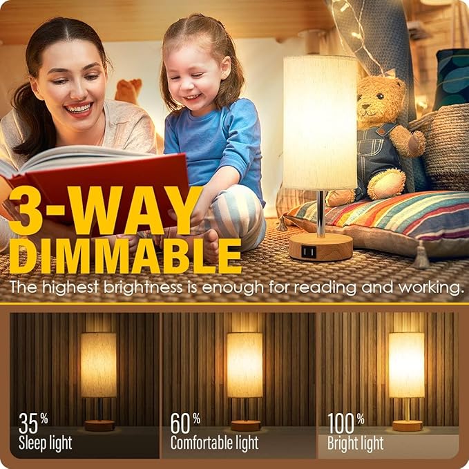 Yarra-Decor Bedside Table Lamp with USB Ports - Touch Control for Bedroom 3 Way Dimmable Nightstand Lamp with Round Fabric Shade for Living Room, Dorm, Home Office, Corded Electric, Without Battery