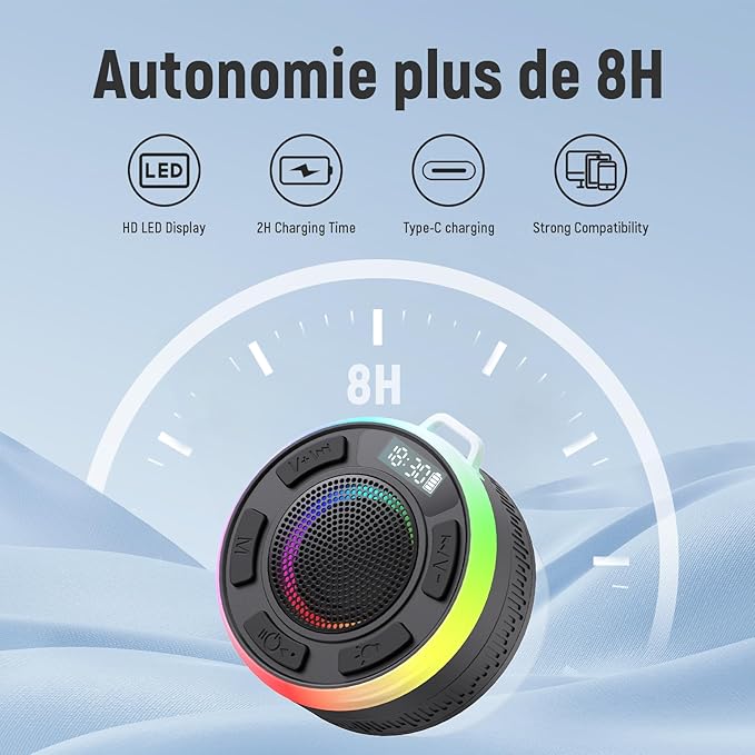 IPX7 Waterproof Shower Bluetooth Speaker, Portable Small Speaker with Suction Cup and Time Display, Loud Crystal Sound & Bass 10H Playtime 1100mAh, Wireless Shower Speakers for Pool, Beach Gift Black