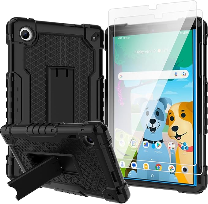 Case for for AT&T Amigo Jr. Tab 8 inch Tablet 9136K - with 2PCS Screen Protector,[Built-in Kickstand] Anti Slip Kids Friendly Shockproof Silicone Protective Cover (Black+2 PCS Glass)