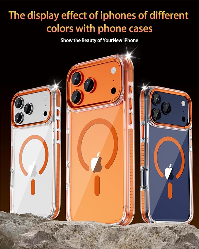 Full Body Protection Kit for iPhone 17 Pro Case, MagSafe Compatible Clear Cover, Orange Non-Slip Grip Bumper, N52 Magnetic Backing, Includes Tempered Glass Screen Protector and Lens Film