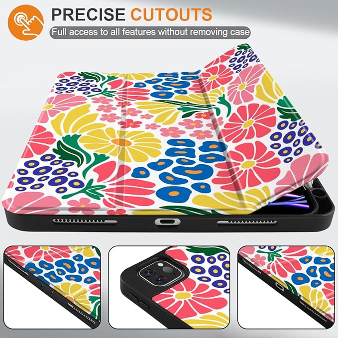 MEEgoodo Case for iPad Pro 12.9 Case M2 6th/5th/4th/3rd Generation 2022 2021 2020 2018, Protective Tablet Cover with Soft Back Shell for Kids, Groovy Flower