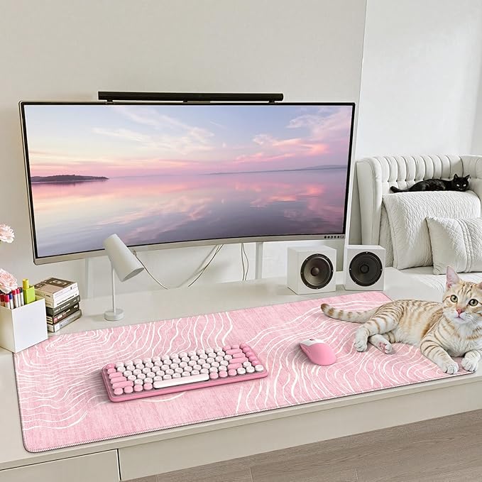iCasso Large Desk Mat Pink,Big Mouse Pad with Stitched Edges,Aesthetic Computer Pad for Desktop,Anti-Slip Keyboard Mat for Women,Cute Girly Desk Cover Protector Work from Office Home Dorm