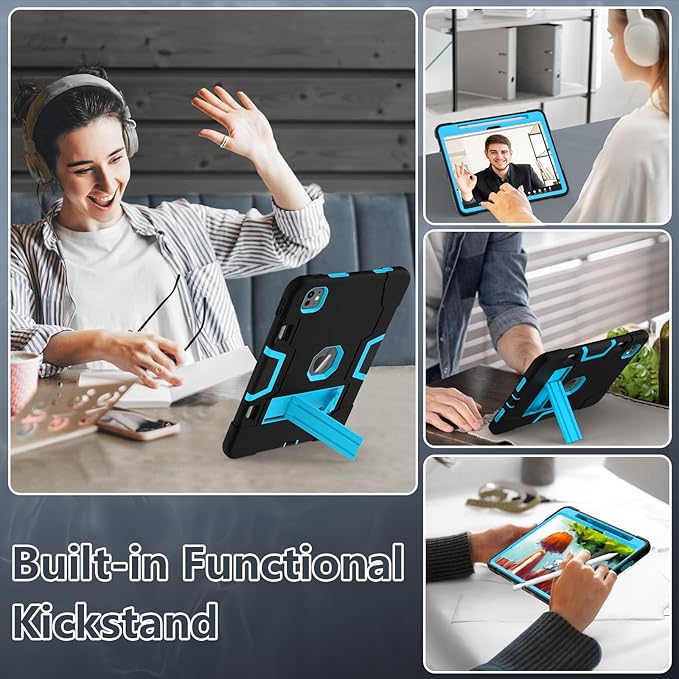 TSQQST for iPad Pro 11 Inch Case M4 5th Generation 2024, iPad Pro 11 Case with Pencil Holder+Stand, Full-Body Protective Rugged Shockproof Cover for iPad Pro 11 Inch 5th Gen, Black Blue