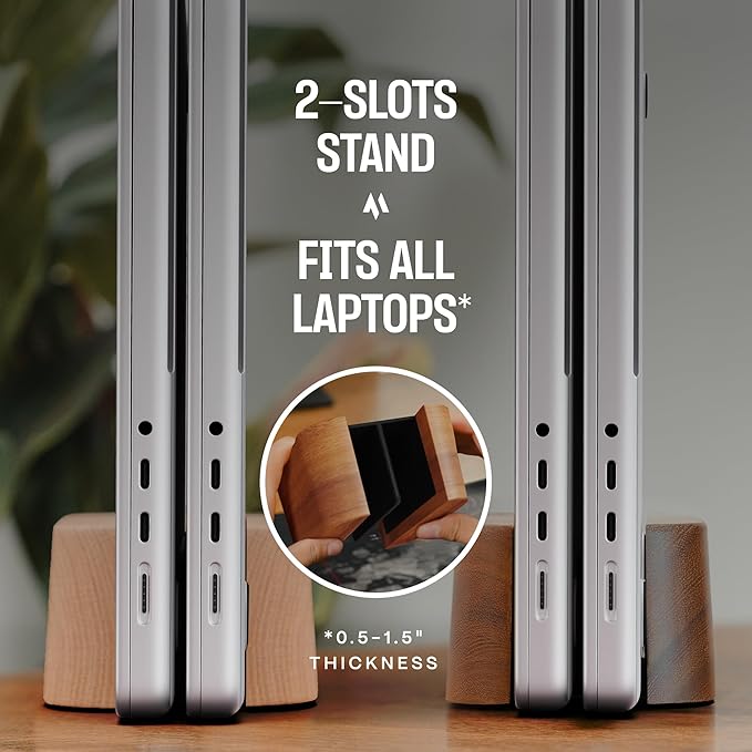 COREMINDED Adjustable Dual Vertical Laptop Stand for Desk, Wooden Laptop Holder, MacBook Pro Stand, Wood Mac Air Dock