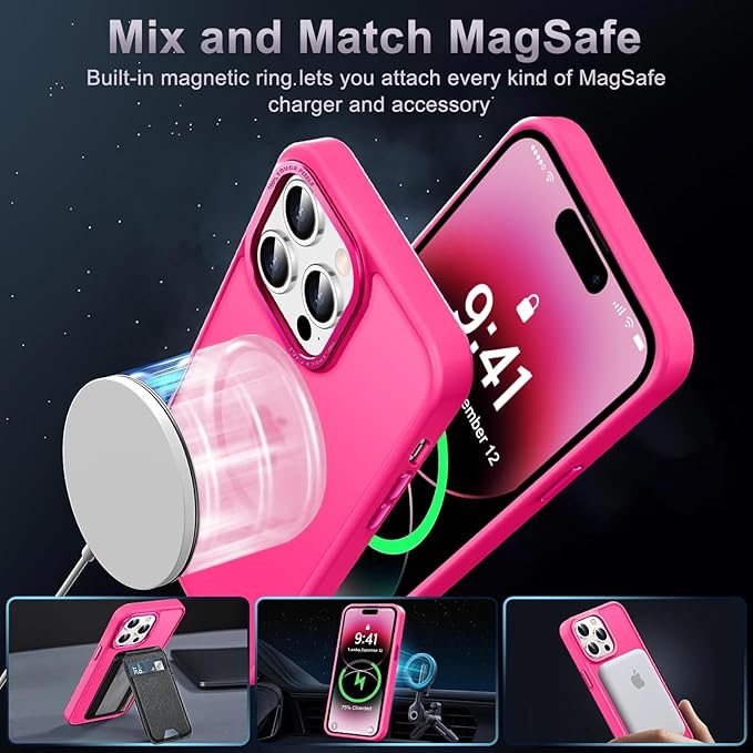 Newfuture Designed for iPhone 14 Pro Max Case with Magnetic [13 FT Military Drop Protection] [Compatible with Magsafe] Slim Translucent Matte Shockproof with Anti-Fingerprint Phone Case, Hot Pink