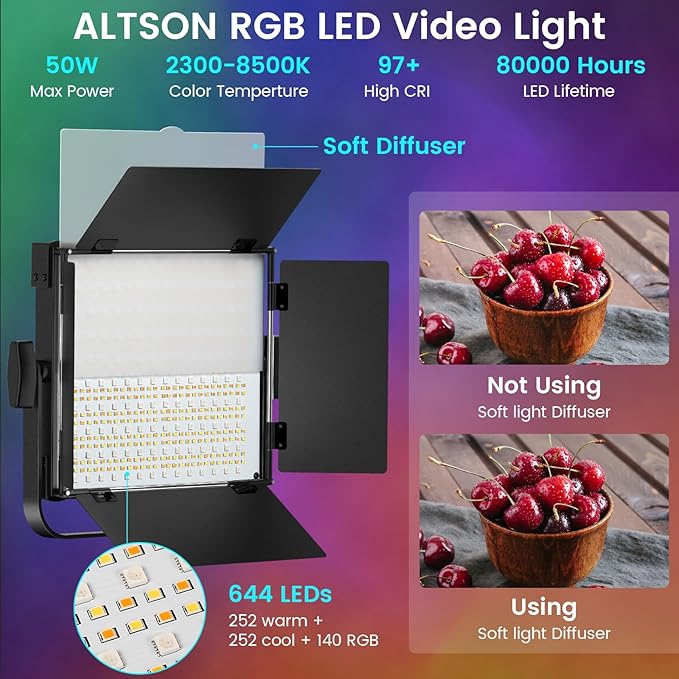 RGB Photography Lighting Kit, 50W Bi-Color Professional LED Studio Lights, 2300k~8500k Dimmable Photo Lights for Photography Filming Camera Video Recording Stage Shooting Streaming YouTube TikTok