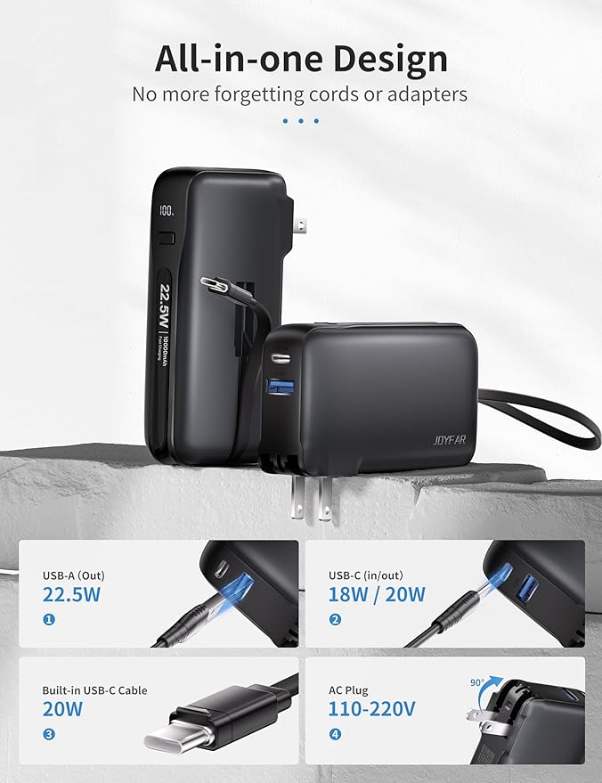 JOYFAR 1 Pack Portable Charger with Built-in USB-C Cable & Plug, 10,000mAh 5V/4.5A Power Bank Fast Charging 22.5W, Travel Essential Battery Pack 3 Output for iPhone 16/15 Series, Samsung Galaxy, iPad