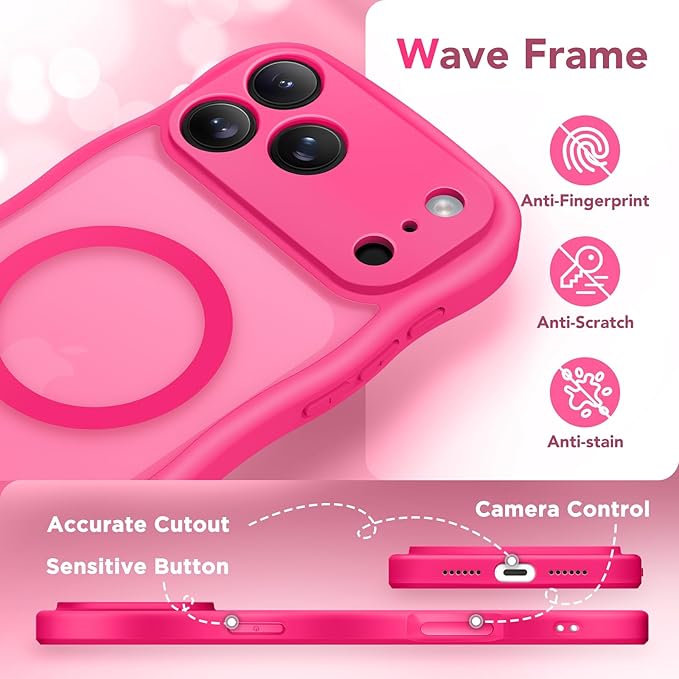CAPRARO Magnetic for iPhone 17 Pro Case for Women Girls, Upgraded [Full Camera Protection] [Compatible with MagSafe] Cute Wave Translucent Matte Phone Case for iPhone 17 Pro, Hot Pink