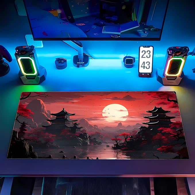 Red and Black Japanese Desk Mat - 31.5x15.7in Extended Gaming Mouse Pad - XL Full Moon Sakura Art Keyboard Mat - Waterproof Stitched Edges Desk Protector for Gaming & Office