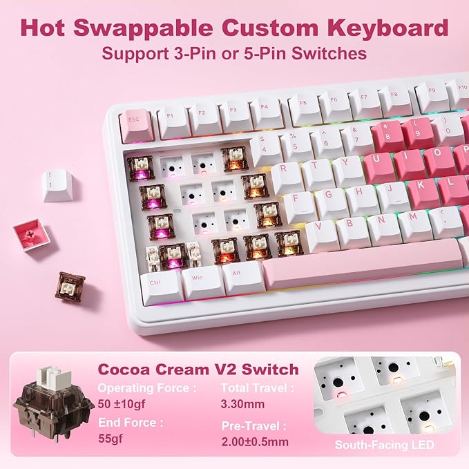 YUNZII B75 PRO MAX QMK/VIA Wireless Mechanical Keyboard,75% Layout with Screen and Knob,Hot Swap Gasket,Creamy Pre-lubed Switches,Bluetooth/Type-C/2.4G for Win/Mac(White Heart,Cocoa Cream V2 Switch)