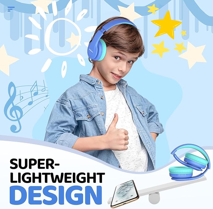 JoySpark Kids Bluetooth Headphones, Lightweight Wireless Headphones for Kids, 85/94dB Volume Limited, 60 Hours Playtime, Bluetooth 5.3, Over-Ear Toddler Headsets with Built-in Mic-Blue