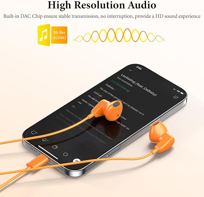 APETOO USB C Headphones for iPhone 17 Pro Max 16 15 Plus iPad USB-C Wired Earbuds with Microphone Volume Control HiFi Stereo Type C Earphones for Galaxy S26/S25/S24/S23/S22 Ultra, Pixel 10 9 8, Orange