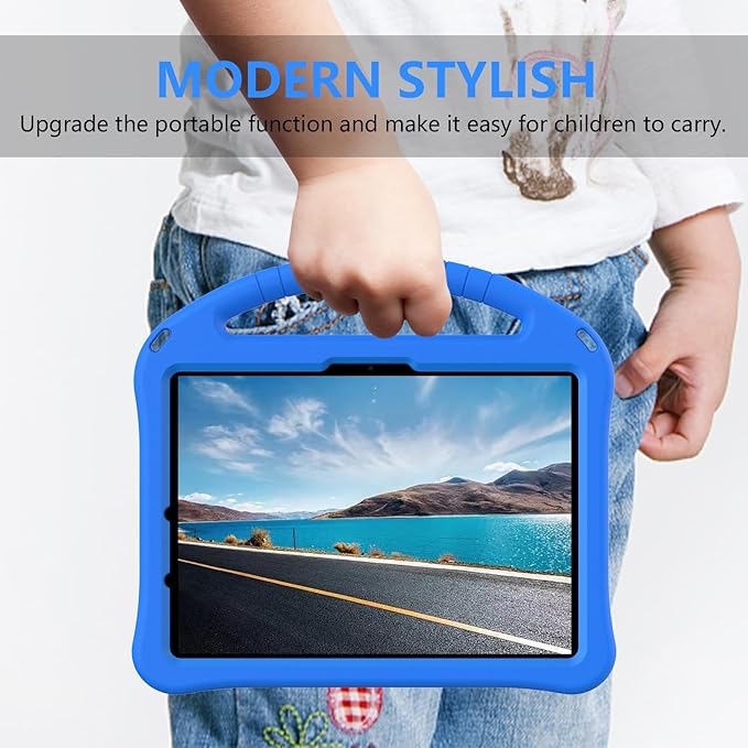 Kids Case for iPad Air 11 inch M4/M3/M2 (2026/2025/2024) with Pencil Holder/Shockproof Handle/Kickstand/Slim Lightweight Soft EVA Foam Folio Stand Tablet Protective Girls Boys Cover, Blue