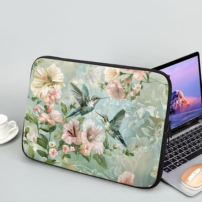 Hummingbird Flower Laptop Sleeve for Women - 13 inch Neoprene Lap Top Case with Padded Compartment