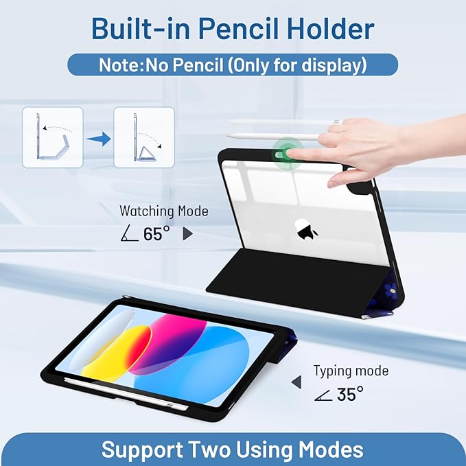 MrARTIST for iPad Air 11 Inch Case M3/M2 - Air 5th/4th Generation 10.9" Cute Women Girls Girly Kawaii Aesthetic Kawaii Design for Apple Air Tablet Cover with Pencil Holder, Blue White Flowers