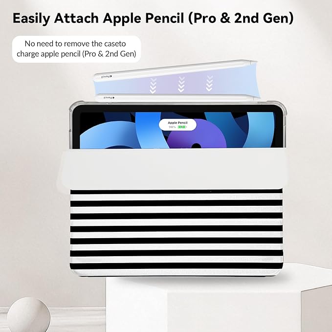 Lovmooful Compatible for iPad Air 6th 11-inch M2 (2024),iPad Air 5/4 (2022/2020 5th/4th Generation 10.9-Inch) Case with Pencil Holder Cute Striped Design Soft TPU Trifold Stand Protective-Black&White