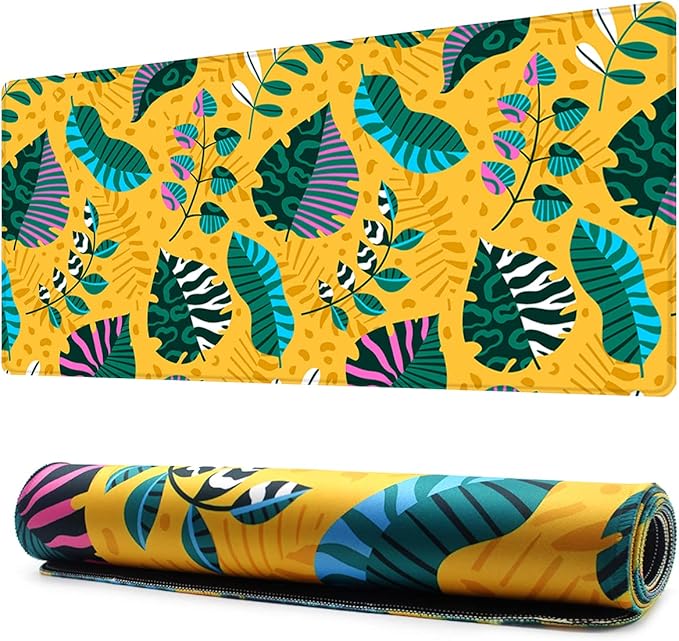 Benvo Extended Mouse Pad with Stitched Edges Extra Large Gaming Mousepads with Non-Slip Rubber Base and Micro-Weave Cloth Desk Mat for Gamer Office Home(35.4x15.7 inch, Tropical Leaves Yellow)