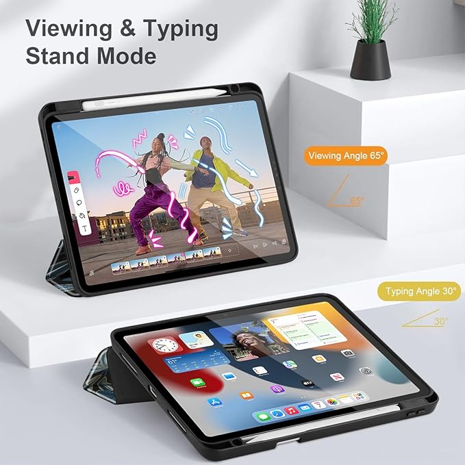 Tuiklol for iPad Pro 11 Inch 4th / 3rd / 2nd / 1st Gen (2022 2021 2020 2018) Case -Built-in Pencil Holder Shockproof Cover Clear Transparent Back Shell with Auto Wake/Sleep, Black Flower