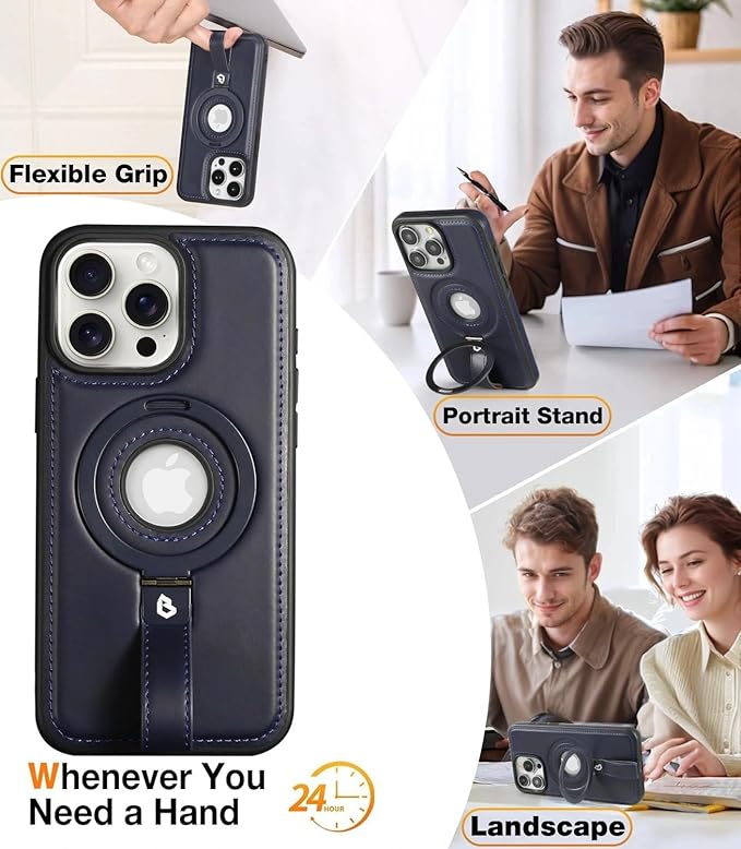 Butaiga for iPhone 15 Leather Case with Stand, Anti-Slip Grip Ring, Fits for MagSafe (Blue, iPhone 15)