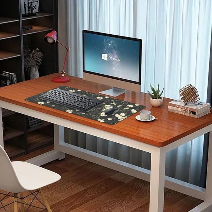 Magnolia Flowers Desk Pad Mouse Pad,Large Floral Mouse Mat with Stitched Edges,Non-Slip Rubber Base Black Mousepad for Office PC Keyboard Laptop and Home Work Desk Mat(27.5X11.8 in)