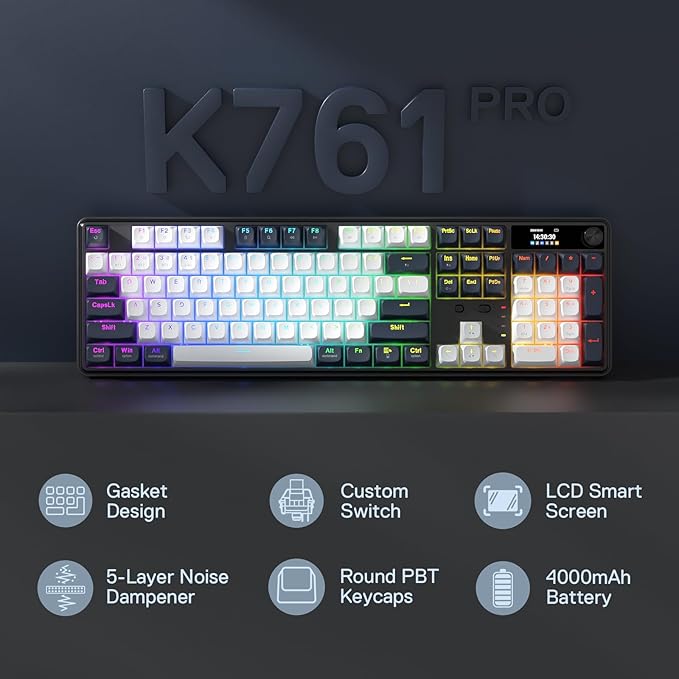 Redragon K761 Wireless Gasket Gaming Keyboard w/Hype Screen & Knob, 104 Keys Mechanical Keyboard, Easy-Control 1.26’ TFT Info Display, 5-Layer Noise Dampening, Custom Linear Switch, Abyssal Blue
