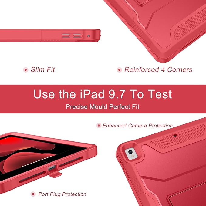 Soke Case for iPad 6th/5th Generation 9.7 Inch 2018/2017,with Built-in Screen Protector and Kickstand, Rugged Full-Body Heavy Duty Protective Cover for Apple iPad Air 2 /Pro 9.7 - Burgundy Red