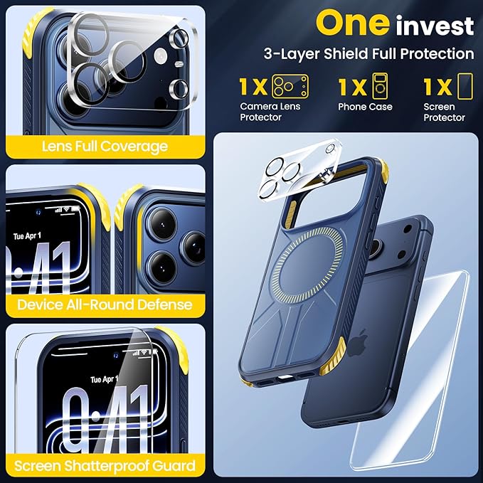 3 in 1 for Heavy Duty iPhone 17 Pro Max Case with Screen Protector & Camera Lens Protector ,7X Military-Grade Drop Protection ,Fits MagSafe ,Rugged & Slim shockproof Case for iPhone 17 Pro Max , Blue