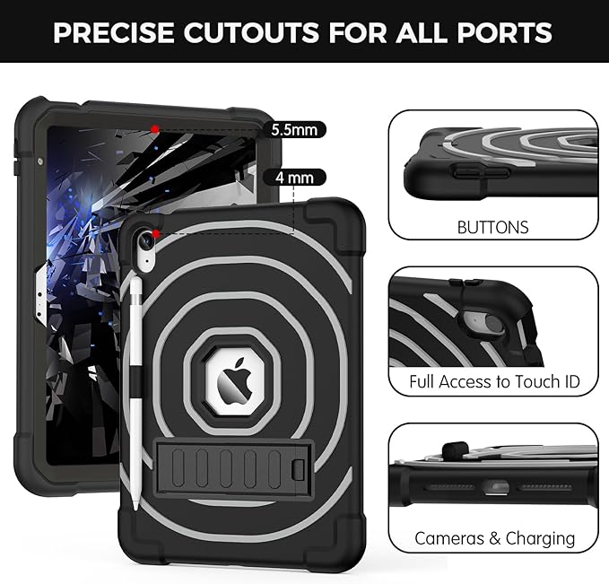 SIBEITU Case for iPad (A16) 11th 11-inch 2025/ 10th Generation 10.9-inch 2022 with Pencil Holder & Stand, Shockproof Heavy Duty Military Grade Protective Cover for iPad 11th/ 10th Gen (Black +Grey)