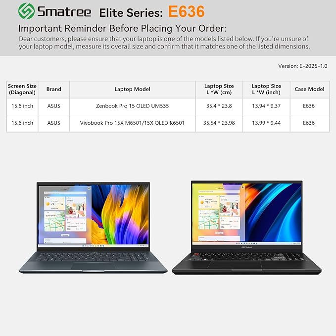 Smatree Laptop Sleeve for 15.6 inch ASUS Zenbook Pro 15 OLED UM535, for 15.6 inch Vivobook Pro 15X M6501/15X OLED K6501, Case with Accessory Pocket, YKK Zipper, Shockproof Design(E636)