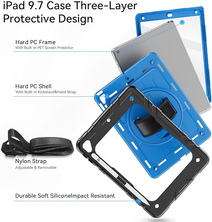 Case for iPad 6th/5th Generation 9.7'' with Screen Protector Pencil Holder [360 Rotating Hand Strap] &Stand, Drop-Proof Case for iPad 6th/5th/ Air 2/ Pro 9.7 (Black&Sky Blue)