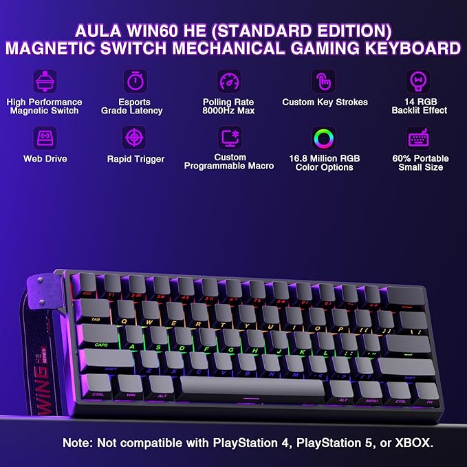 Aula WIN60 HE - 60% Mechanical Gaming Keyboard Wired, Magnetic Switch Hot Swappable, Adjustable Actuation Rapid Trigger Mode, 8000 Hz Polling Rate, RGB Small Keyboard 60 Percent Compact Design for PC