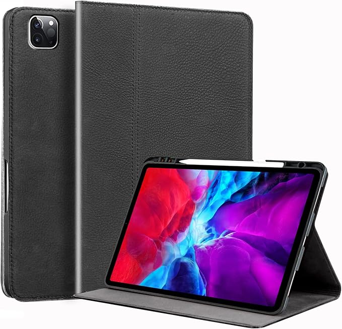 Gexmil Genuine Leather Case for iPad Pro 11 Inch 4/3/2/1st Gen 2022/2021/2020/2018,Smart Folio with Pencil Holder,Protective Shockproof Real Leather Cover,Auto Sleep/Wake,Sanded Black