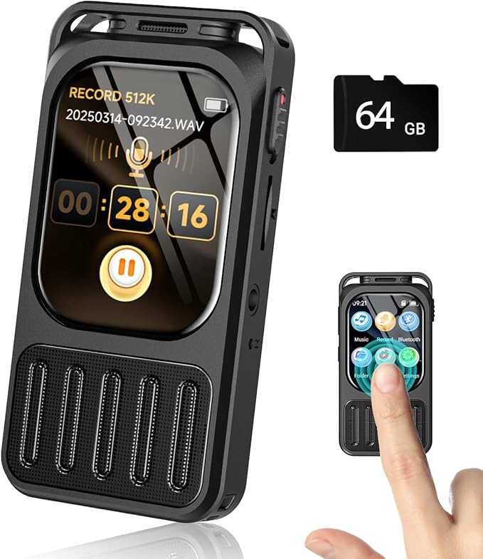 64GB Digital Voice Recorder with 2" Touchscreen & Bluetooth, 3072Kbps HD Dual Mic XIXITPY Audio Recording Device with Playback, Password, A-B Repeat, MP3 for Lectures, Meetings, Interviews