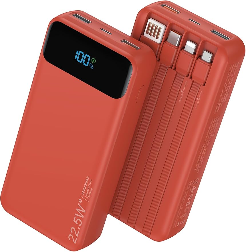 Portable Charger, 20000mAh 22.5W Fast Charging Power Bank with 4 Built-in Cables, Travel Essentials External Battery Pack with LED Display, 6 Outputs Charging Bank for iPhone, iPad, Samsung etc Red