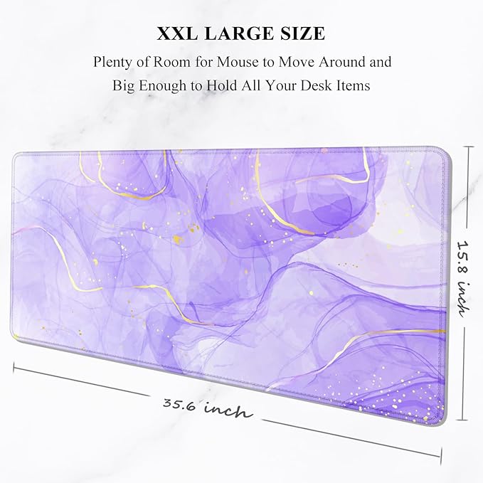 Auhoahsil Large Mouse Pad, XXL Gaming Mousepad, Desk Mat for Desktop, Thick Rubber, Big & Long Size, Stitched Edges, Full Desk Pad for Laptop & Computer, Extended 35.4 x 15.7 in, Purple Gold Marble