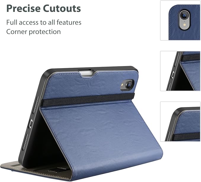 ProCase for iPad mini 7th (A17 Pro) 2024/iPad Mini 6th Generation 2021 8.3 Inch Case; Premium PU Leather Folio Business Stand Cover with Hand Strap; Pencil Holder; Front Pocket -Navy