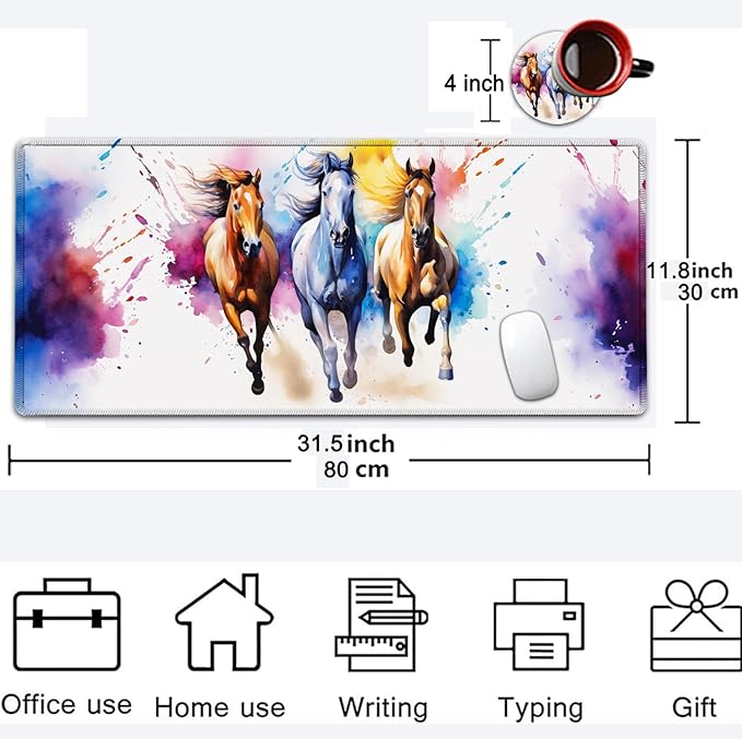 Large Mouse Pad, 31.5 x 11.8in Extended Gaming Mouse Pad with Stitched Edges, XXL Mousepad Protector Non Slip Rubber Base for Office & Home Writing Mat, Watercolor Horse Running Pattern White Desk Mat