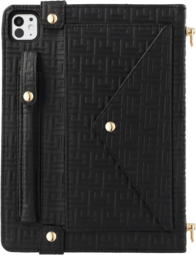 Handbag Case for iPad Pro 11-inch 2025 M5/2024 M4, Techcircle Elegant Crossbody PU Leather Folio Envelope Pocket Stand Cover with Hand Strap+Shoulder Strap+Pencil Holder+Card Slots, Black