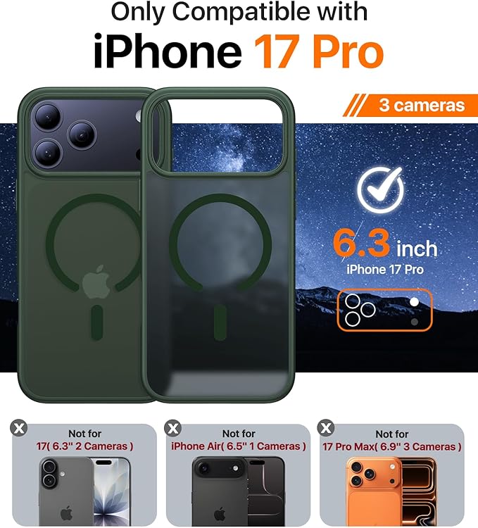 Magnetic for iPhone 17 Pro Case,[Anti-Slip][Compatible with MagSafe][Military Grade Drop Protection] Shockproof Protective Translucent Matte Phone Case for iPhone 17 Pro Case,Forest Green