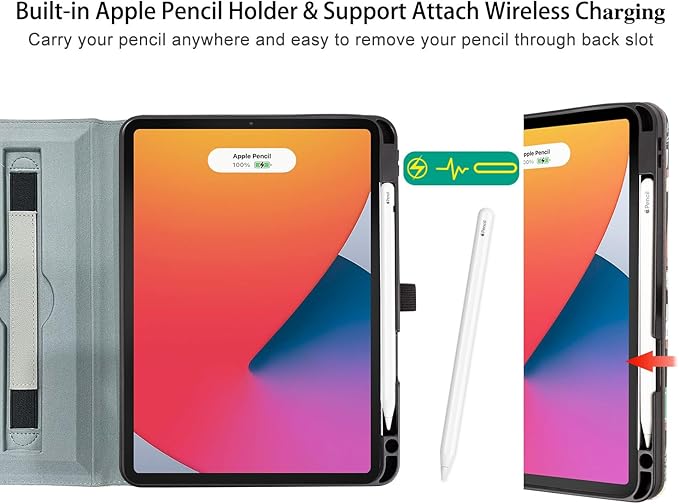 Rotating iPad Air 11-inch Case M4/M3/M2, Case for iPad Air 5th/4th Generation 10.9 Inch, 360 Swivel Multi-Angle Adjustable Stand Pencil Holder/Pocket/Hand Strap for iPad Pro 11-inch case Bookshelf Cat