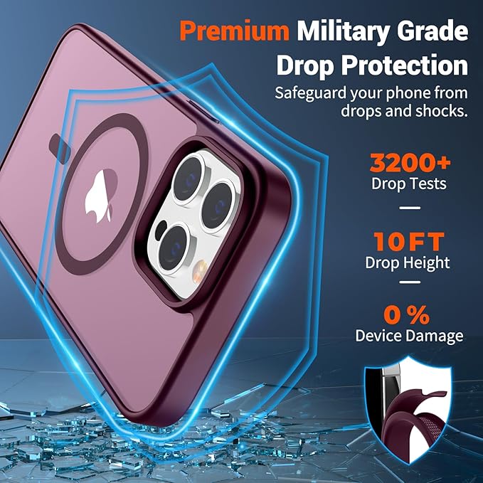 SUPFINE Magnetic for iPhone 13 Pro Case (Compatible with MagSafe) (Military Grade Drop Protection) Slim Translucent Matte Shockproof with Anti-Fingerprint Phone Case,Wine Red