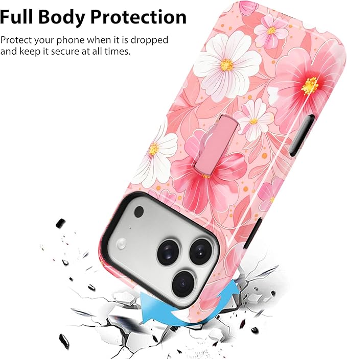 KANGHAR Compatible with iPhone 17 Pro Case, Support for MagSafe, Silicone Flower Floral Cute Pattern, Finger Hold Wristband Kickstand Camera Protection Soft Slim Phone Case for Girls Women -Pink