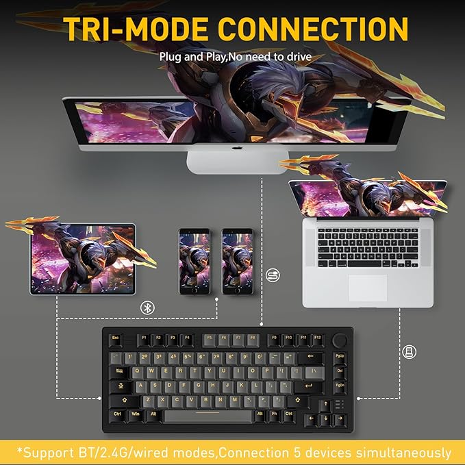 DAREU EK75PRO Wireless Mechanical Gaming Keyboard,75% Hot Swap Creamy Keyboard with Knob,RGB Backlit,Gasket Custom Structure,PBT Keycaps,2.4Ghz/BT5.1/USB-C, for Win/MAC