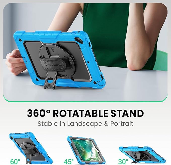 SEYMAC Case for iPad 6th/5th Generation 9.7 Inch, Full-Body Shockproof Heavy Duty Protective Case with Screen Protector, Rotating Stand/Hand/Shoulder Strap for iPad Air 2/ Pro 9.7, Light Blue