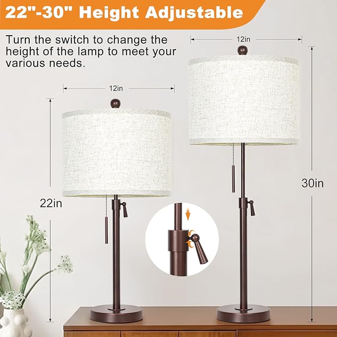 Qingmiao Table Lamps Set of 2, 22" to 30" Adjustable Nightstand Lamps for Bedroom, Dimmable End Table Lamps for Living Room Console Entry Farmhouse Home Decor, New House Warming Gifts